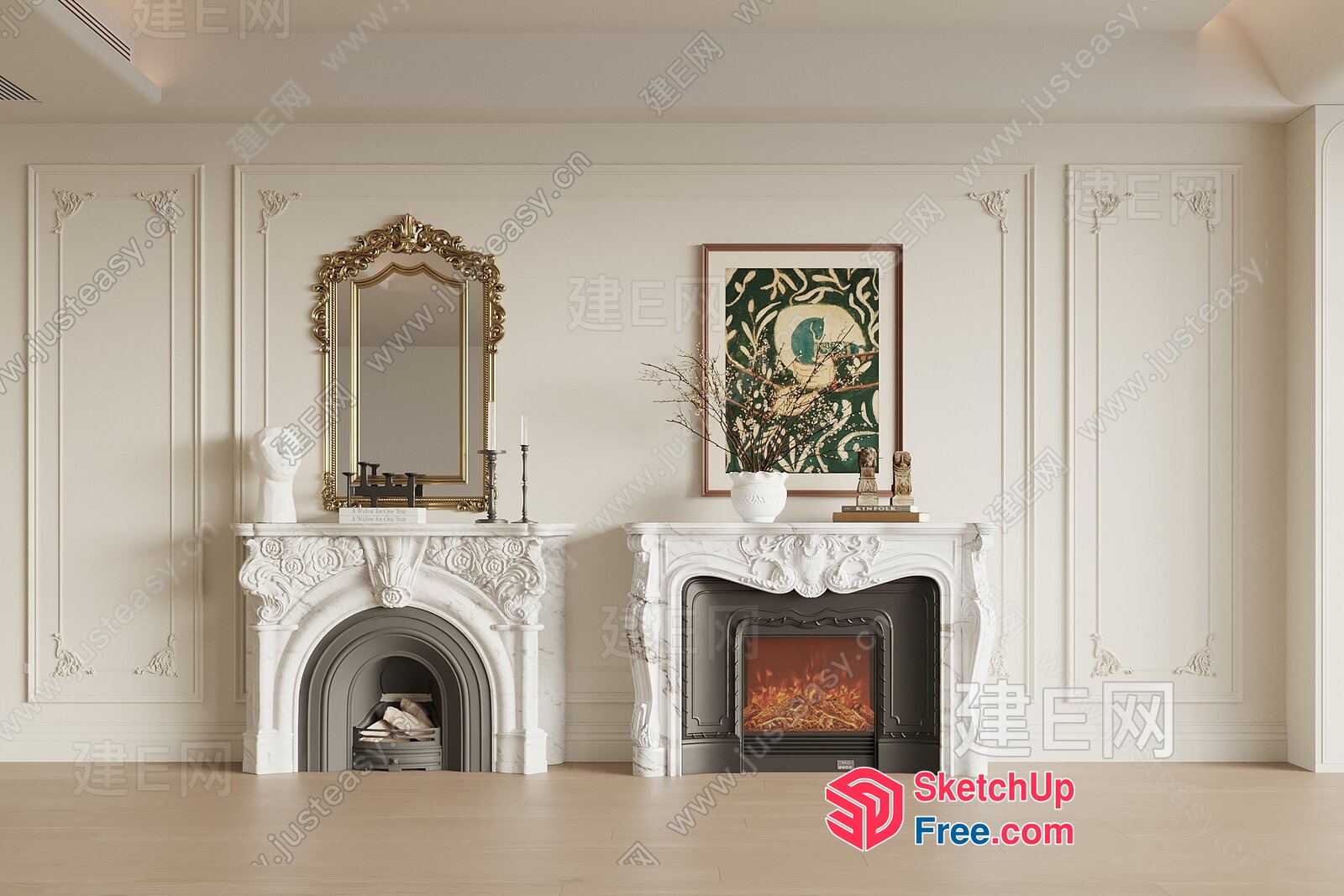 Elegant White Fireplace And Mantle With Ornate Details 3D SketchUp File