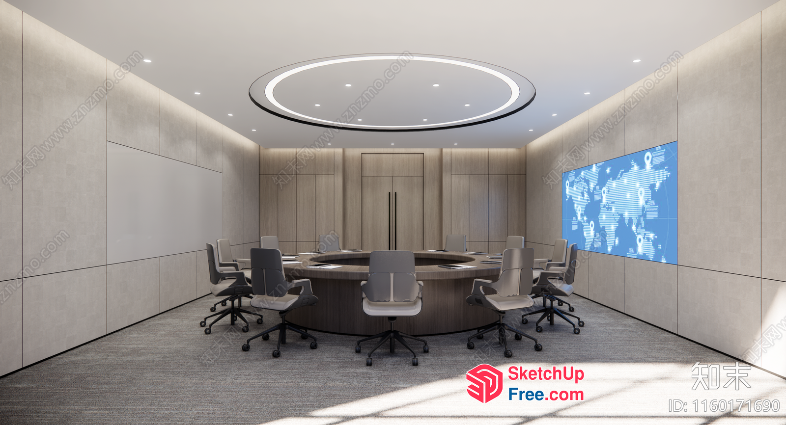 Modern Conference Room With Circular Table And Map 3D SketchUp File
