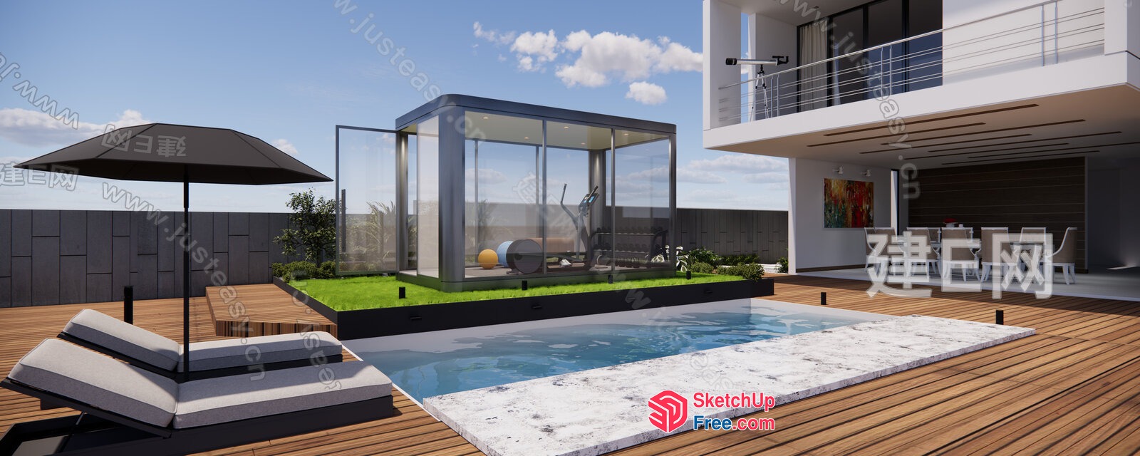 Modern Outdoor Poolside Retreat With Glass Curtain Wall 3D SketchUp File