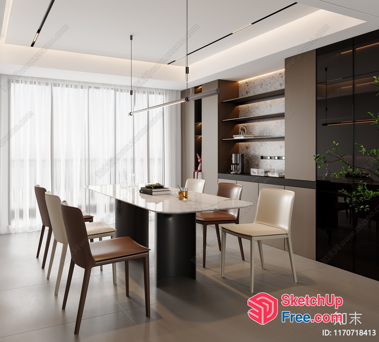 Modern Minimalist Dining Room With White And Brown Chairs 3D SketchUp File