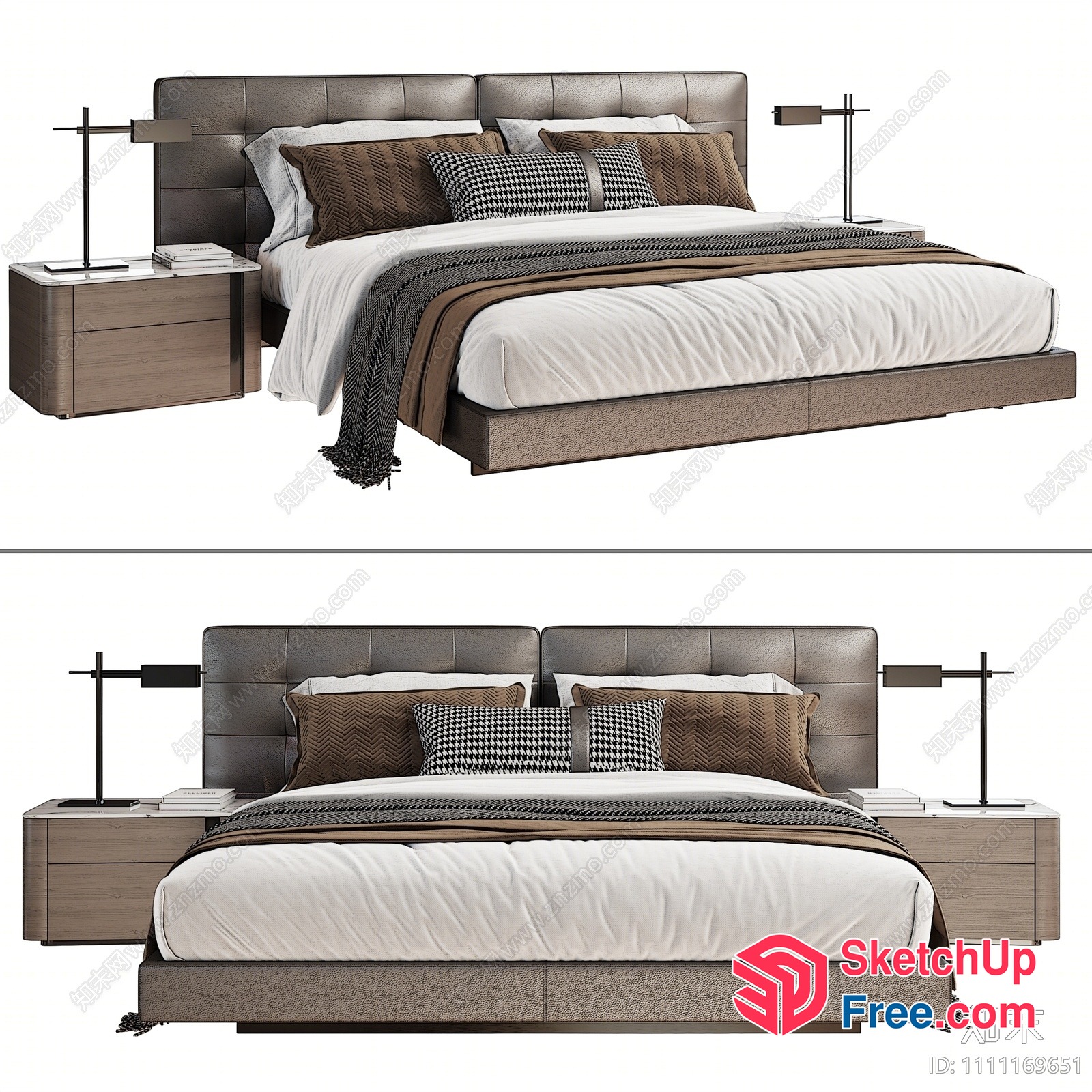 Modern Brown Leather Bed And Nightstand Set 3D SketchUp File