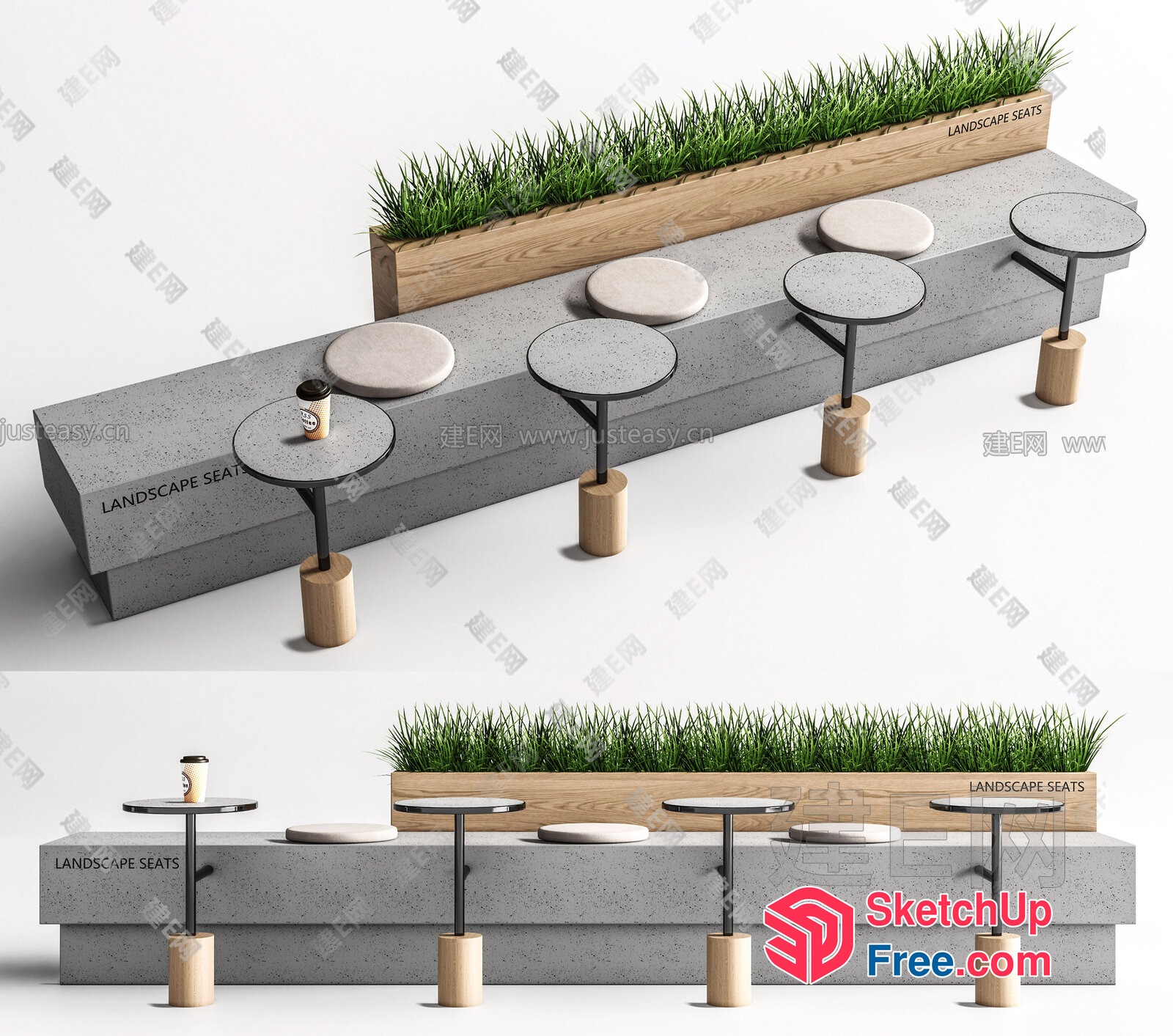 Outdoor Seating Area With Concrete Benches And Grass Planters 3D SketchUp File