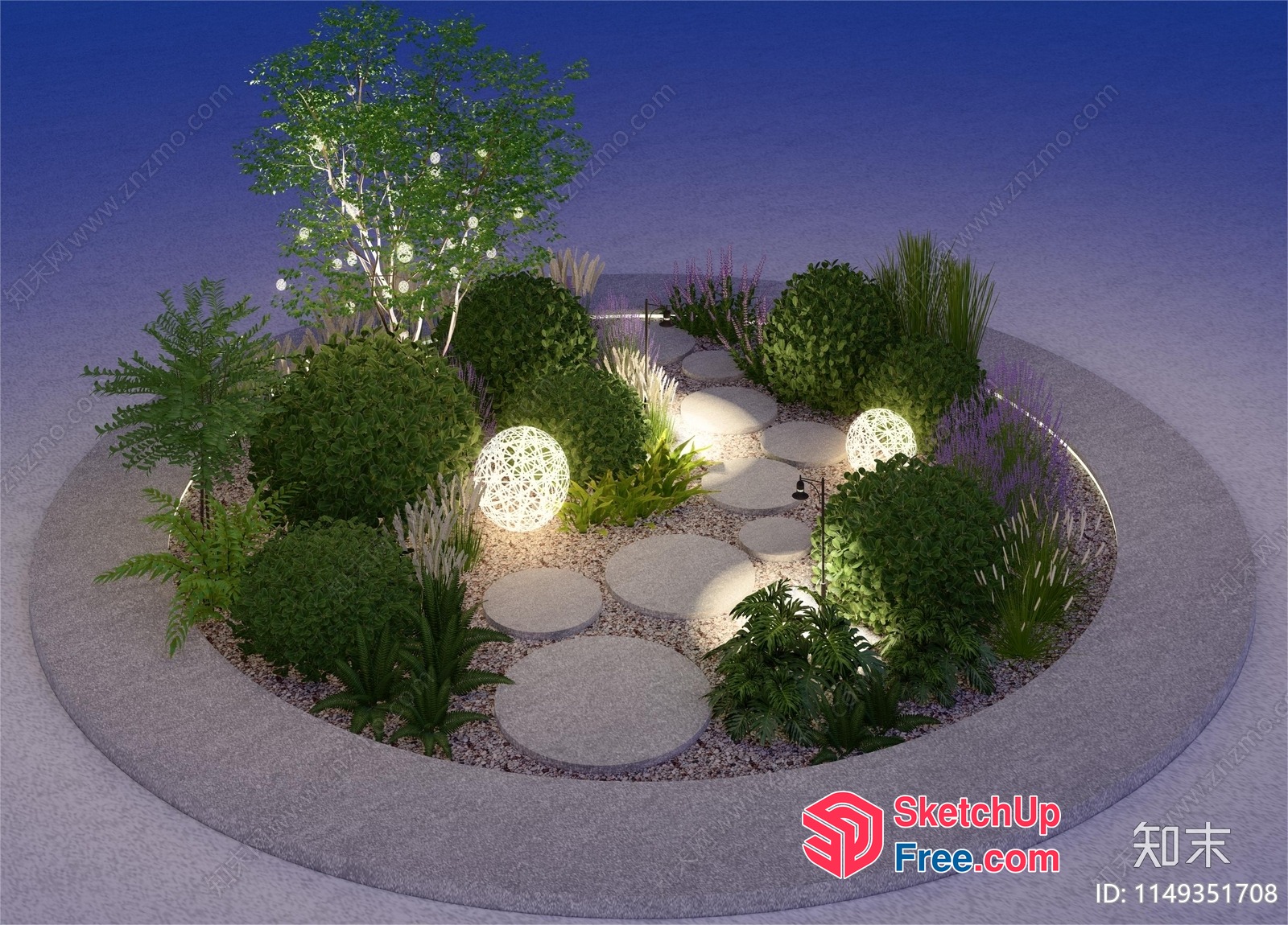 Elegant Garden With Circular Path And Decorative Lighting 3D SketchUp File