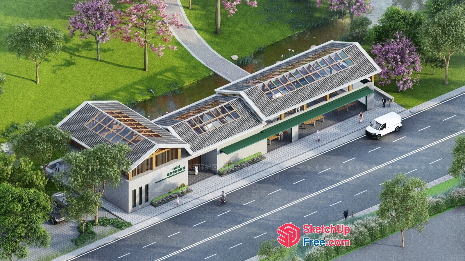 Modern Commercial Street With Gas Station And Pavilion 3D SketchUp File