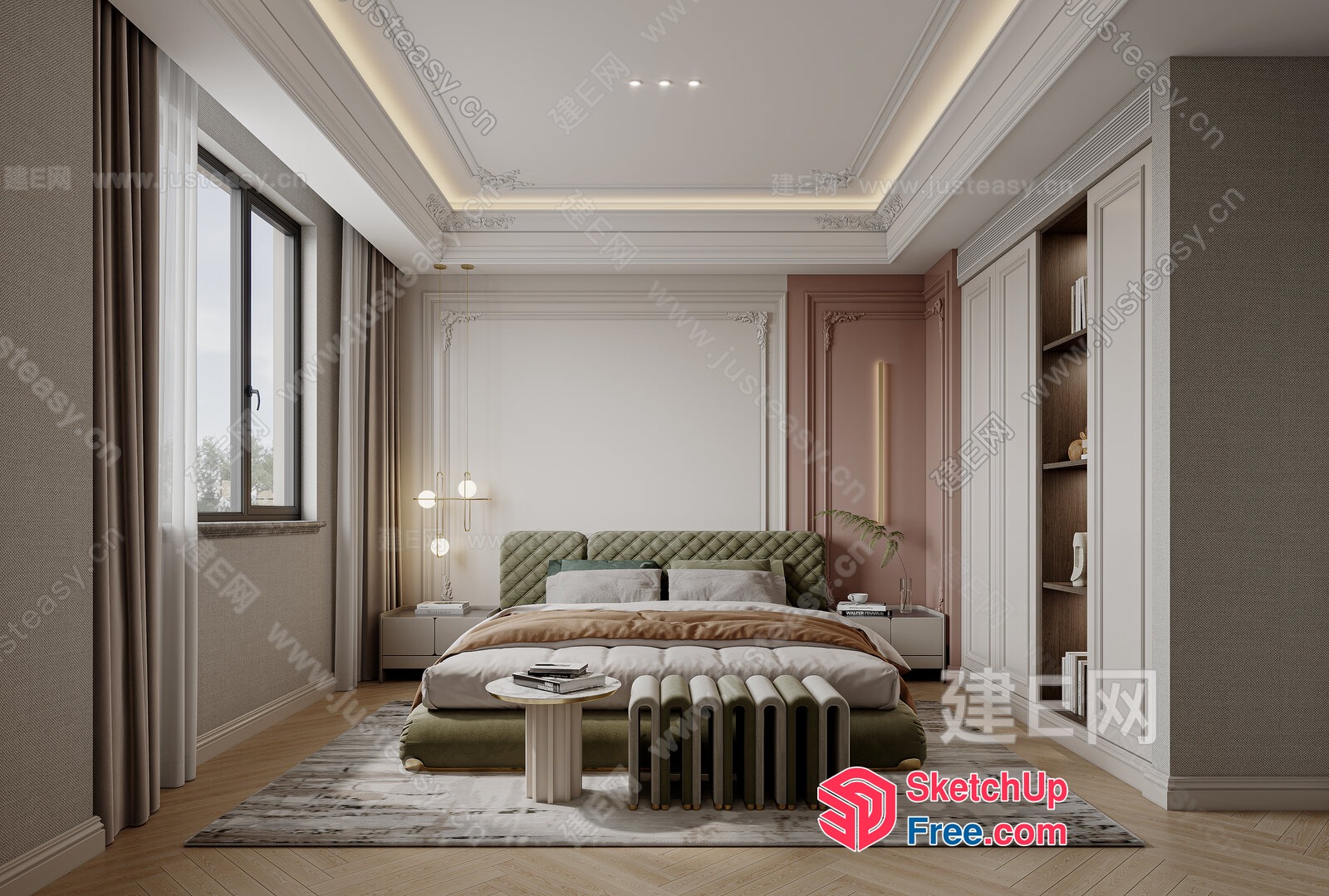 Luxury Modern Bedroom With Green And Brown Accents 3D SketchUp File