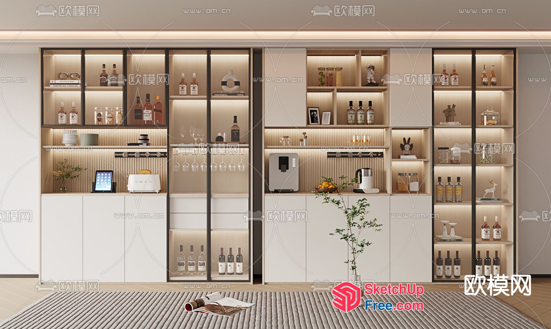 Modern Kitchen Display Cabinet With Wine Bottles And Appliances 3D SketchUp File