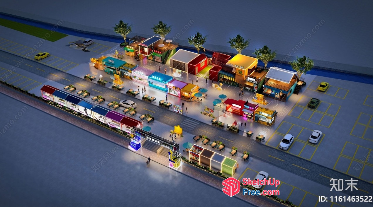 A 3D Rendering Of A Colorful Night Market 3D SketchUp File