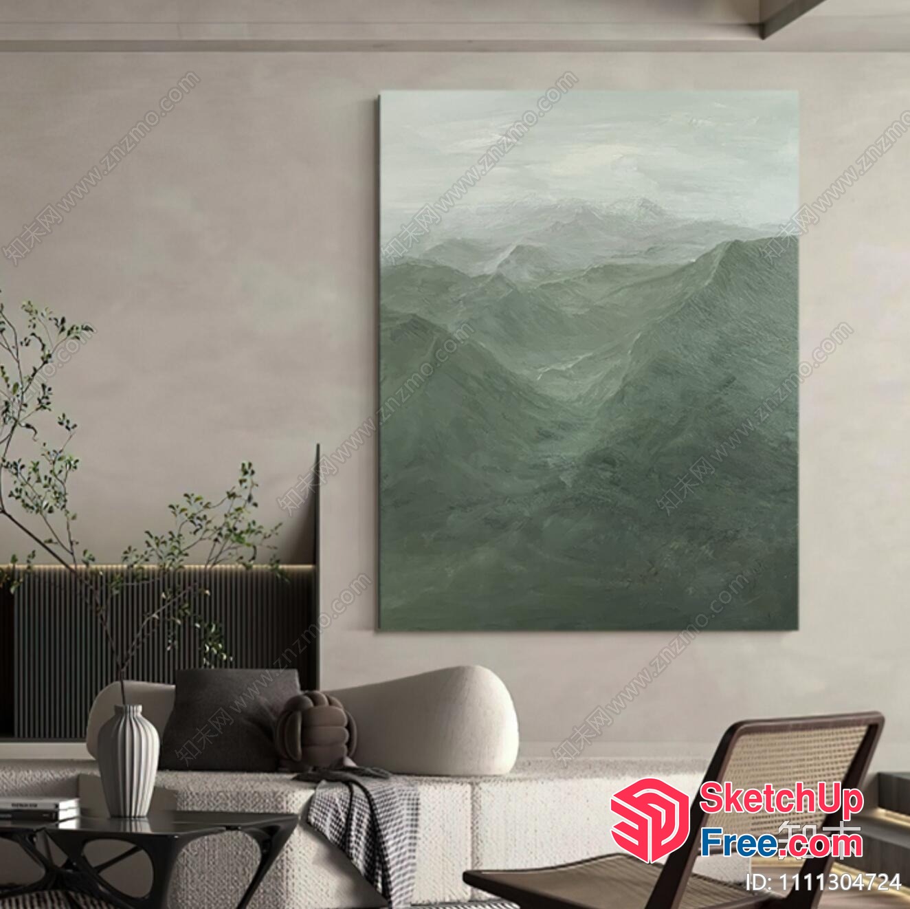 Minimalist Japanese Style Living Room With Mountain Painting 3D SketchUp File