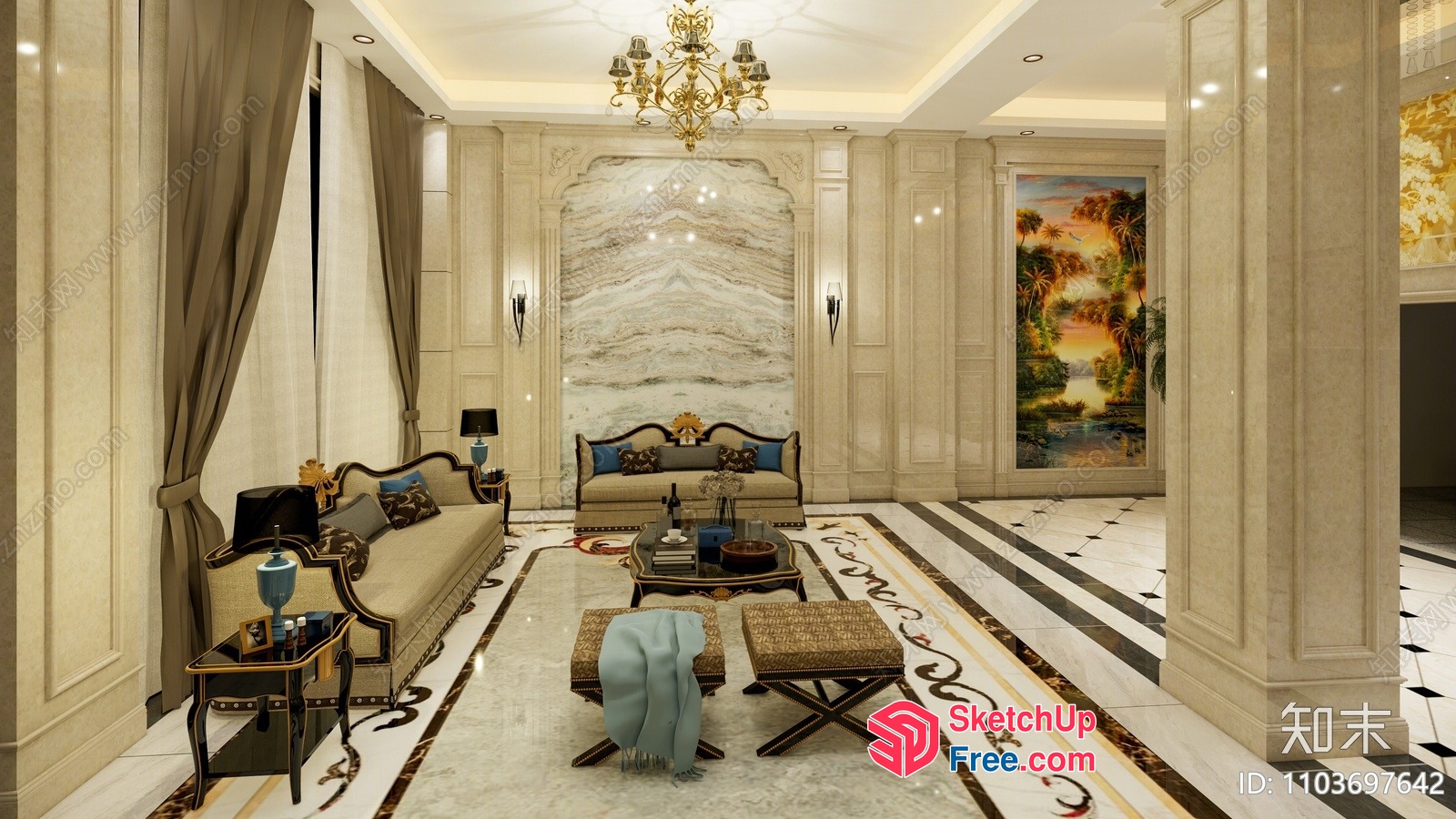 Elegant Marble-Floored Living Room With Classic Furniture 3D SketchUp File