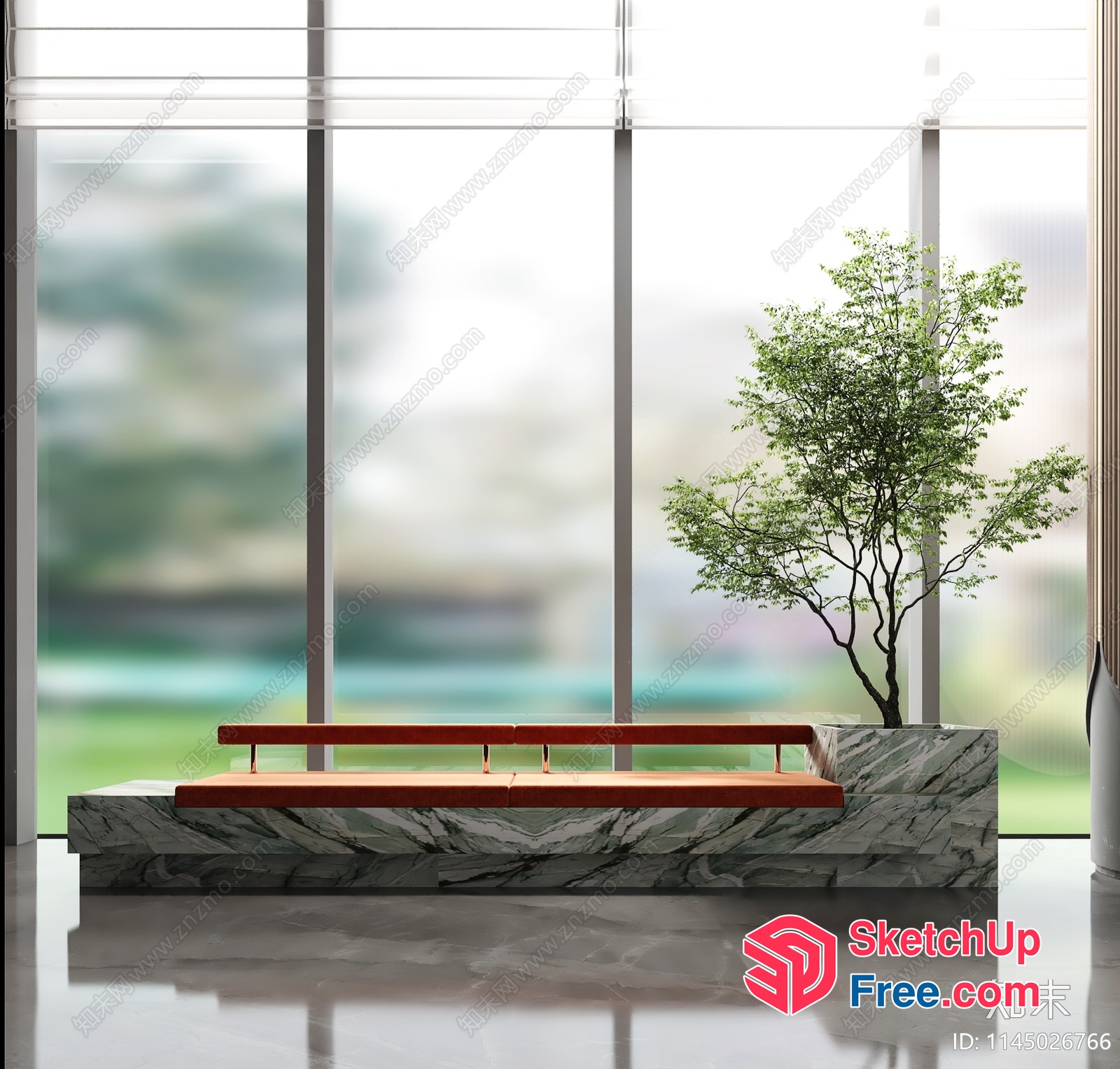 Marble Bench With Wooden Seat And Tree 3D SketchUp File