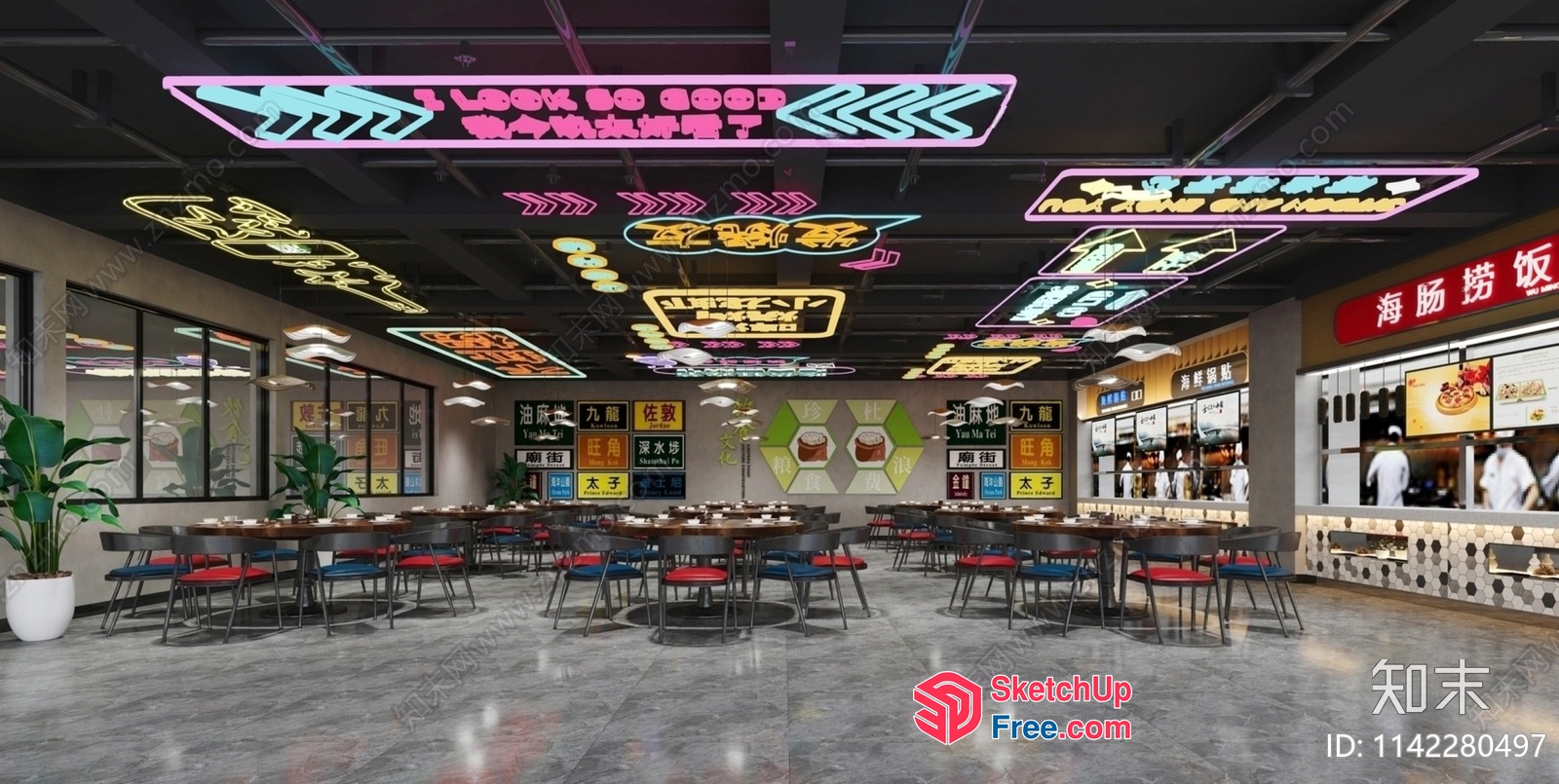 Modern Asian Restaurant Interior With Vibrant Neon Lights 3D SketchUp File