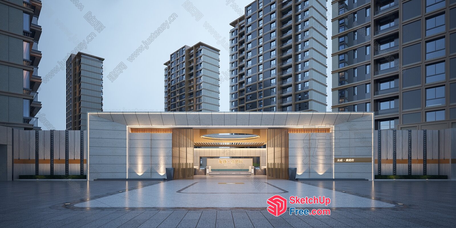 Modern Urban Architecture With Glass Curtain Wall And Pillars 3D SketchUp File