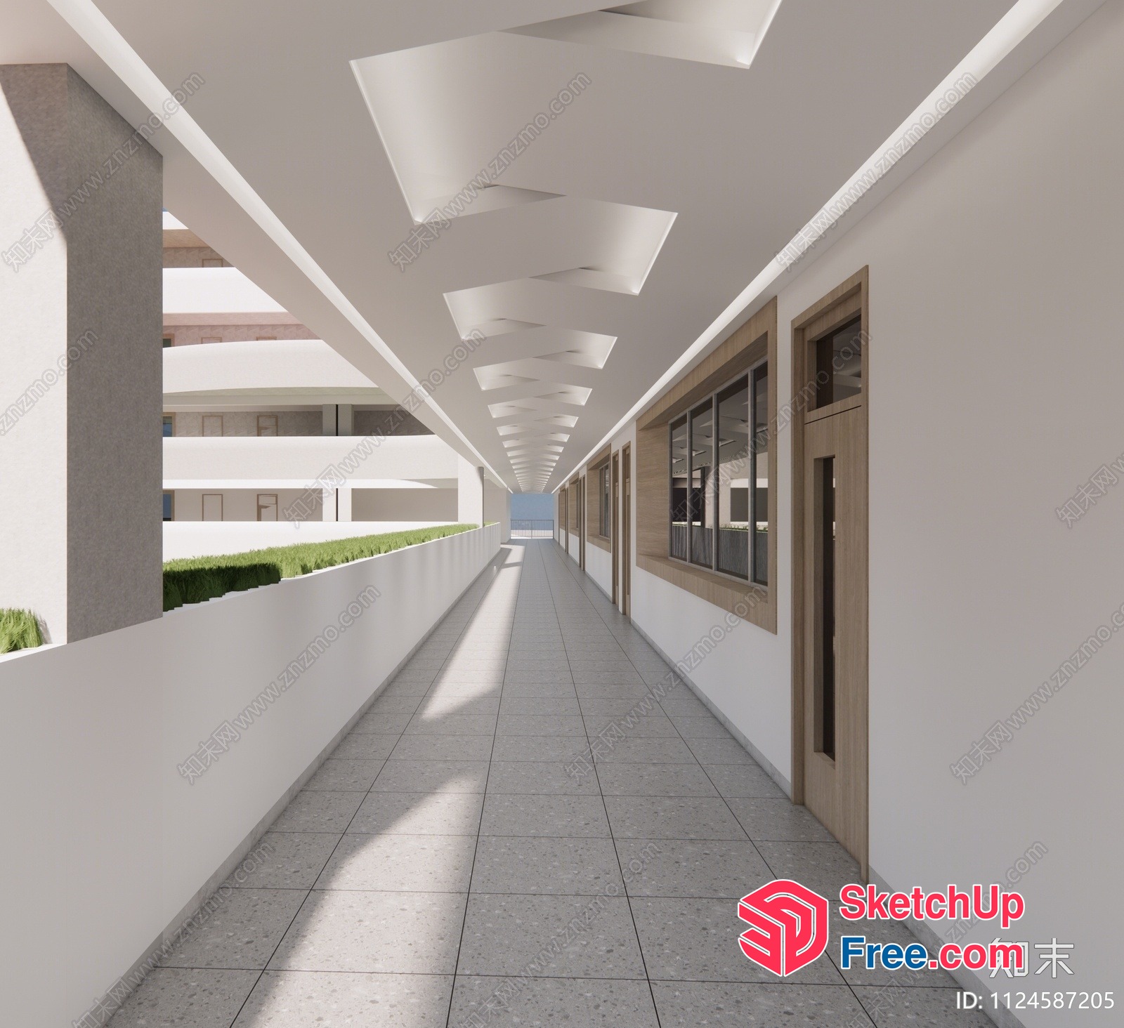Long, Narrow, White Building Hallway 3D SketchUp File