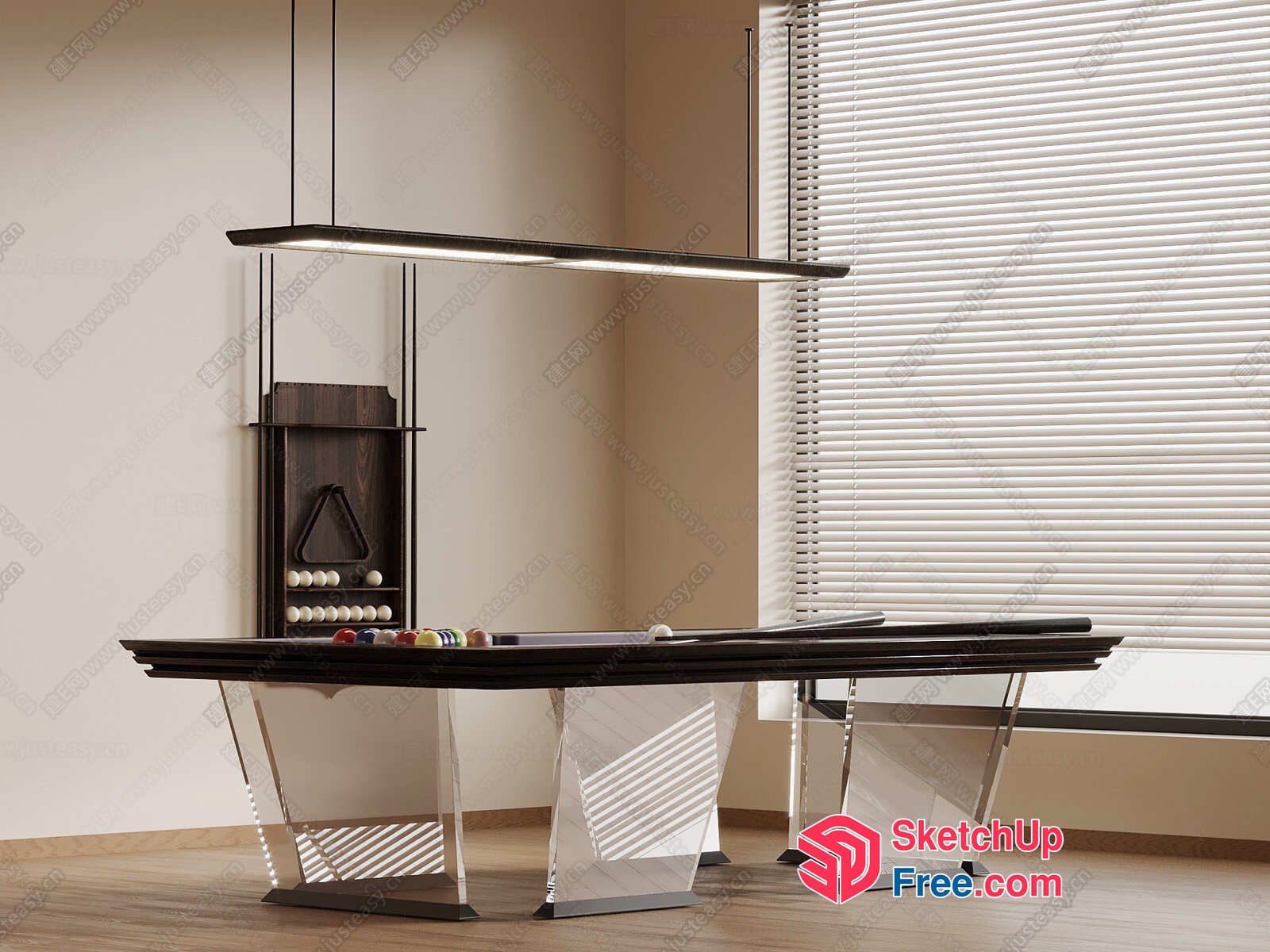 Modern Billiard Room With Sleek Black Table And Hanging Light 3D SketchUp File