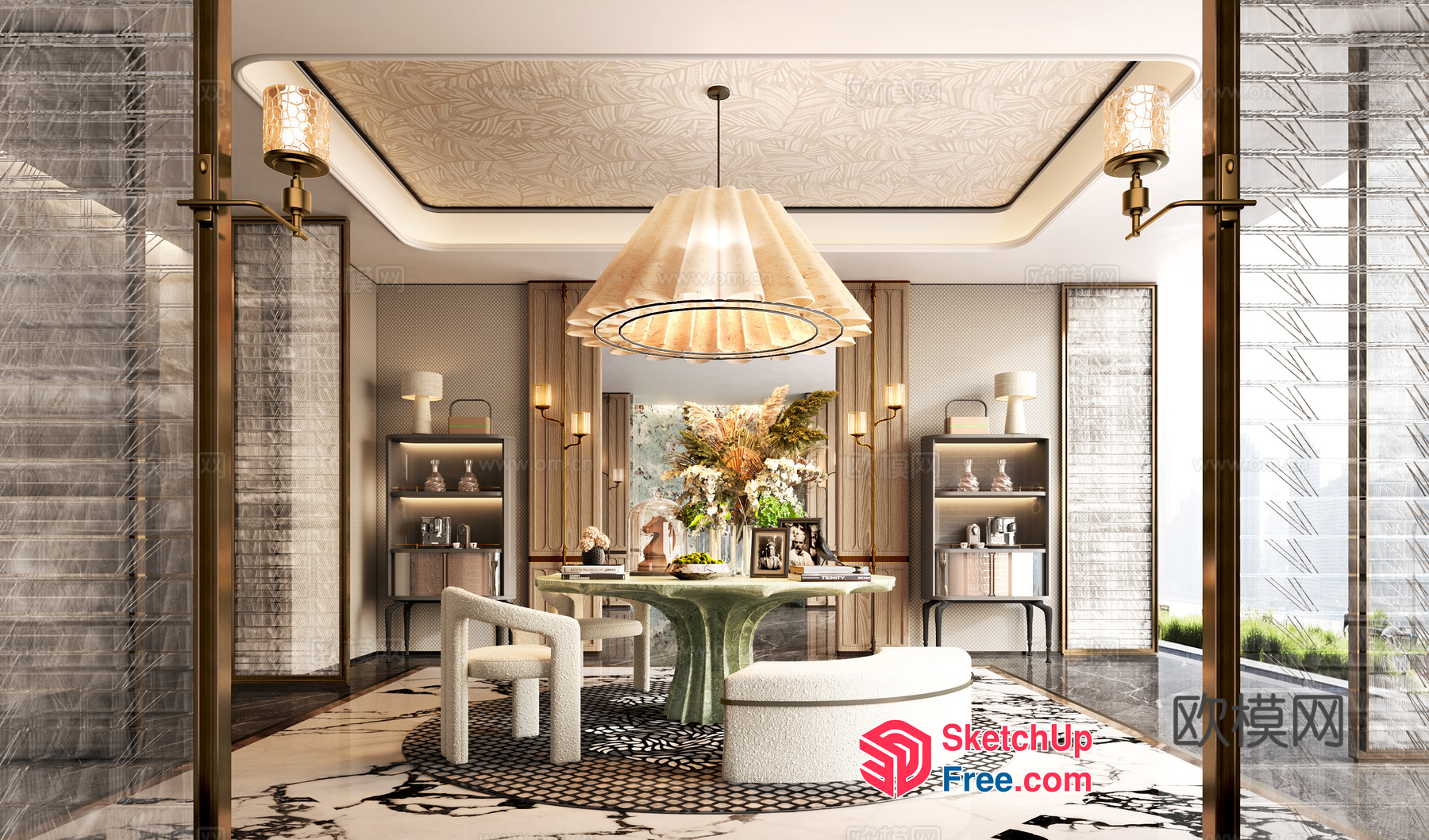 Elegant Dining Room With Modern Chandelier And Marble Floor 3D SketchUp File