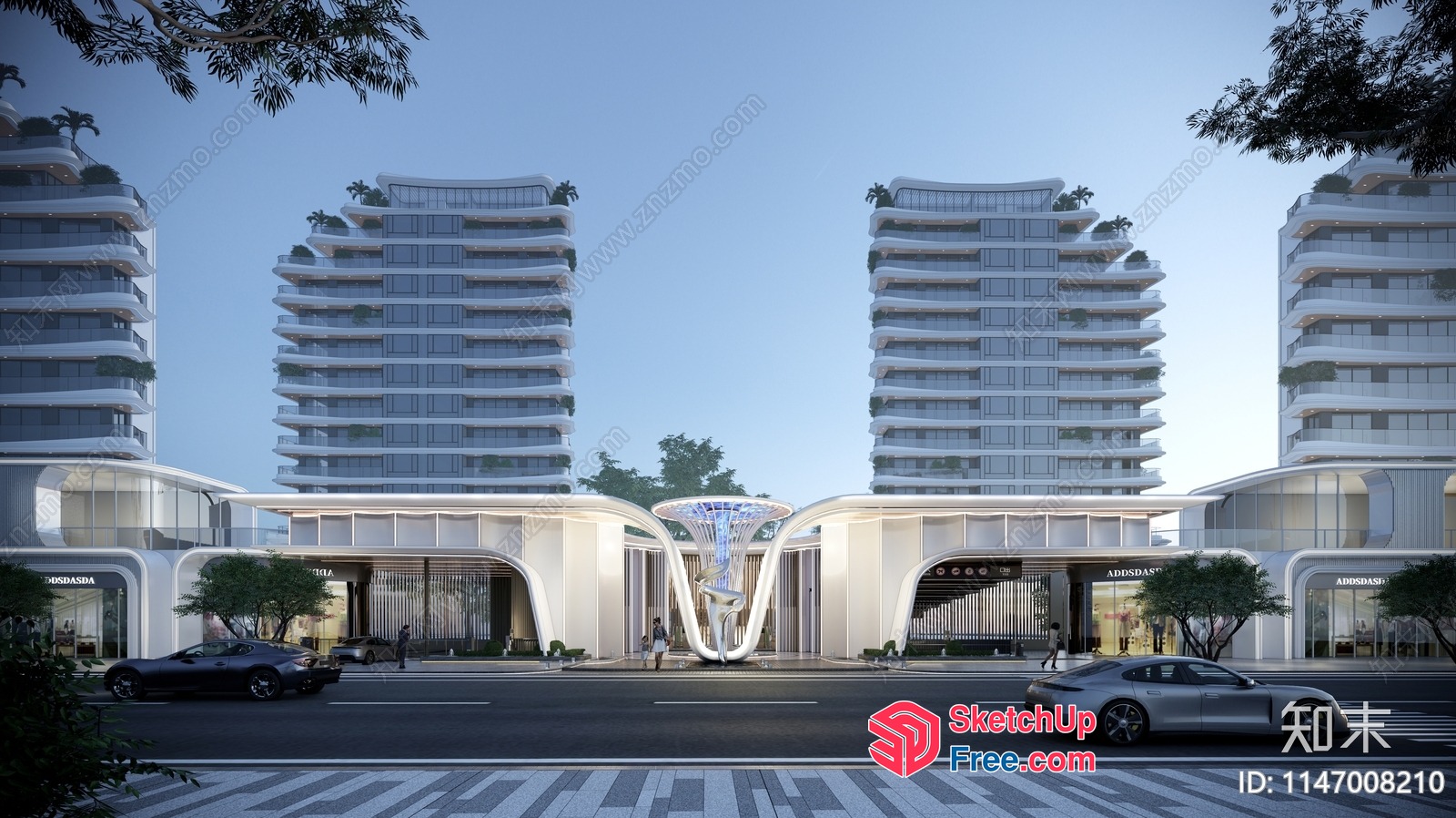 Modern Commercial Street With Glass Curtain Wall And Stairs 3D SketchUp File