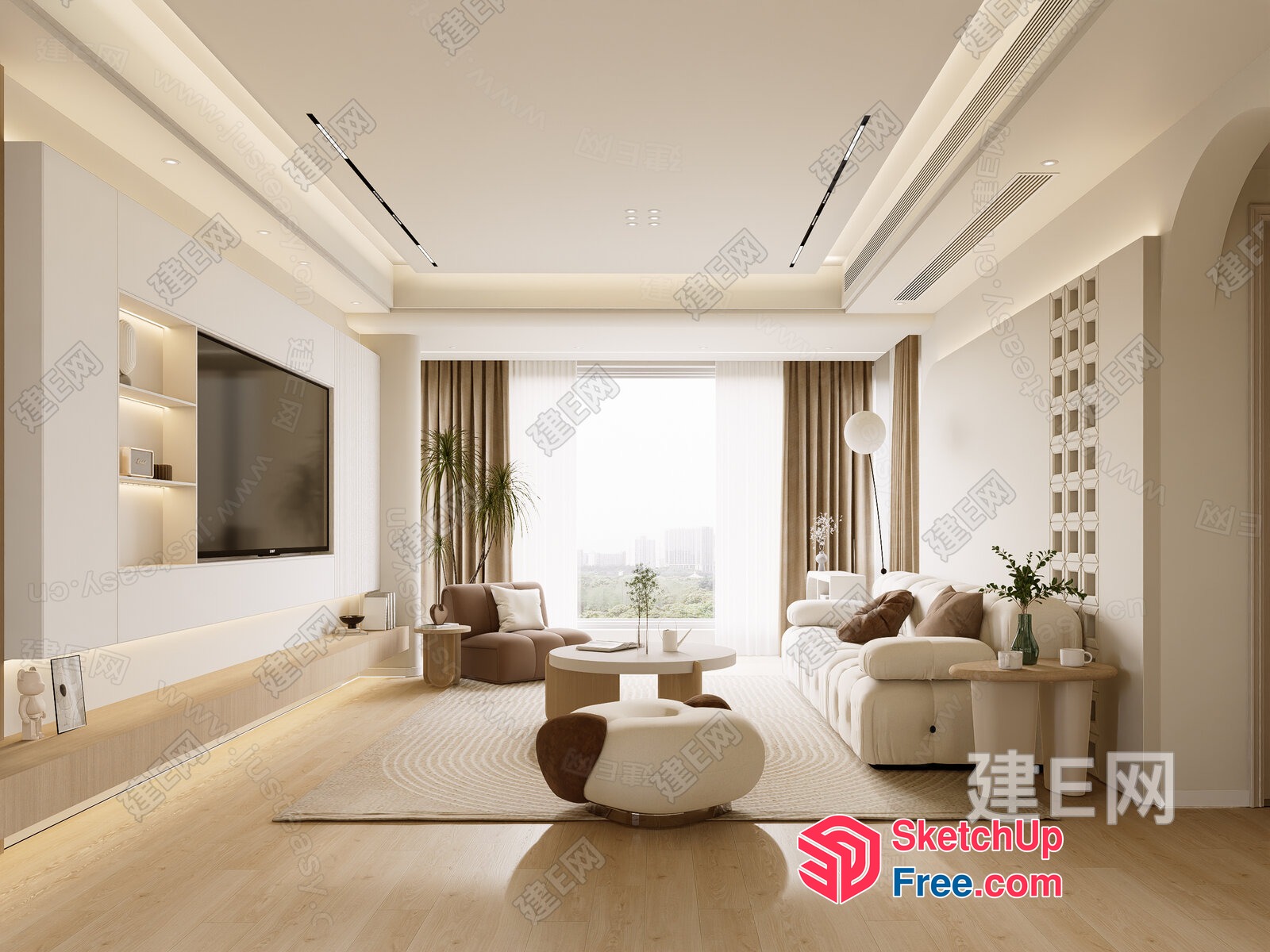 Modern Minimalist Living Room With Creamy And White Tones 3D SketchUp File