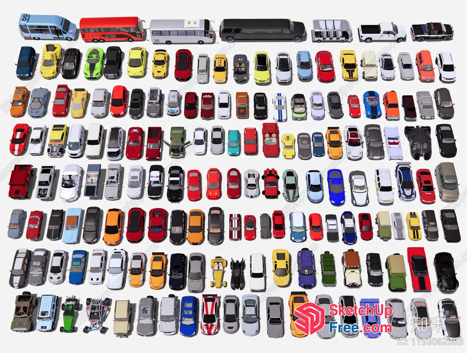 Parking Lot With Various Vehicles And Buses 3D SketchUp File