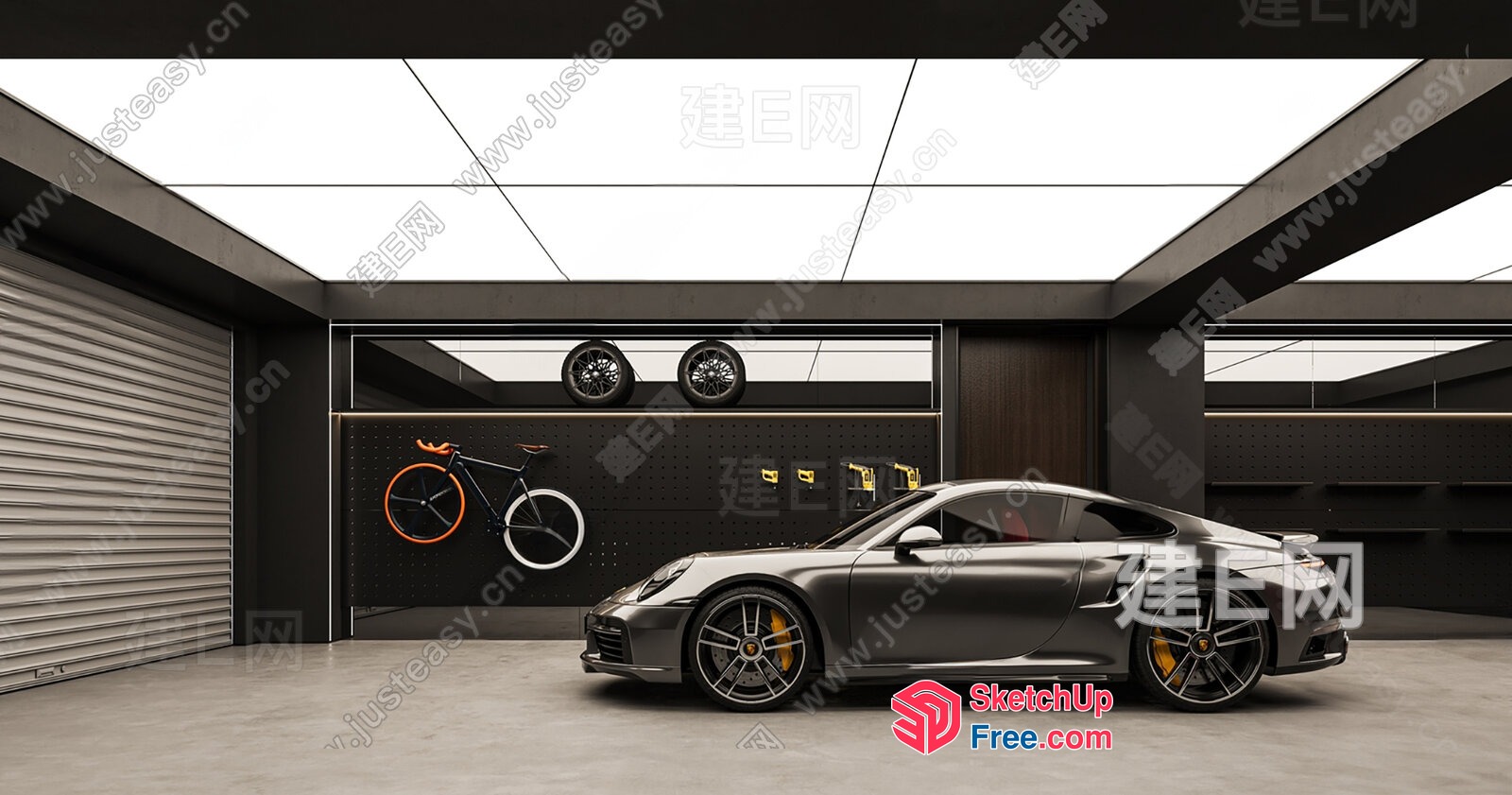 Sleek Modern Garage Interior With Car And Bicycle 3D SketchUp File