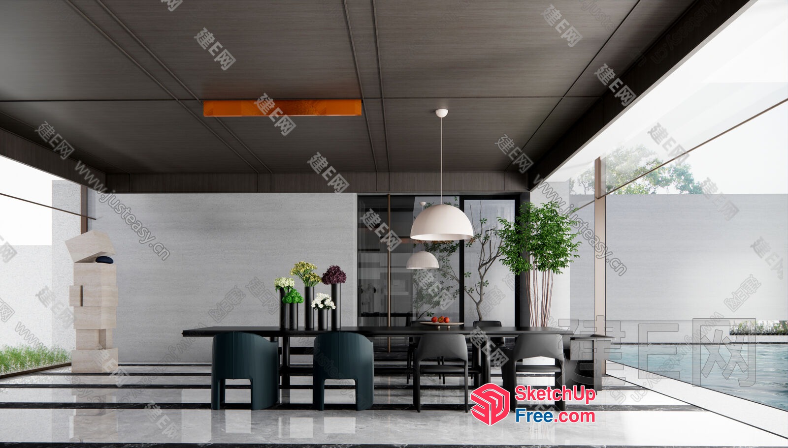 Modern Minimalist Dining Room With Black Table And Chairs 3D SketchUp File