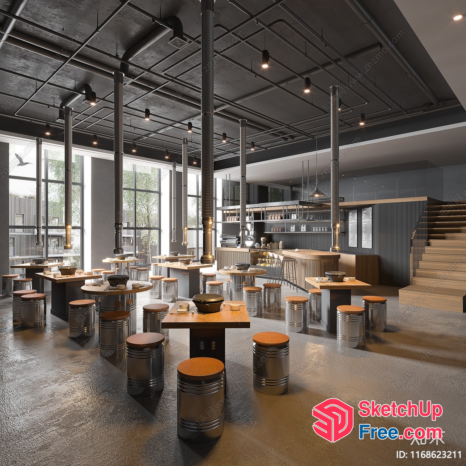 Industrial Style Open Space With Stools And Tables 3D SketchUp File