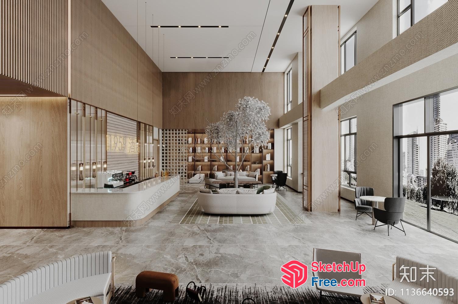 Modern Office Lobby With High Ceilings And Large Windows 3D SketchUp File