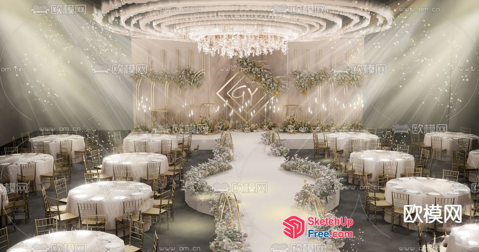 Luxurious Wedding Reception Decor With Elegant Round Tables And Chandelier 3D SketchUp File