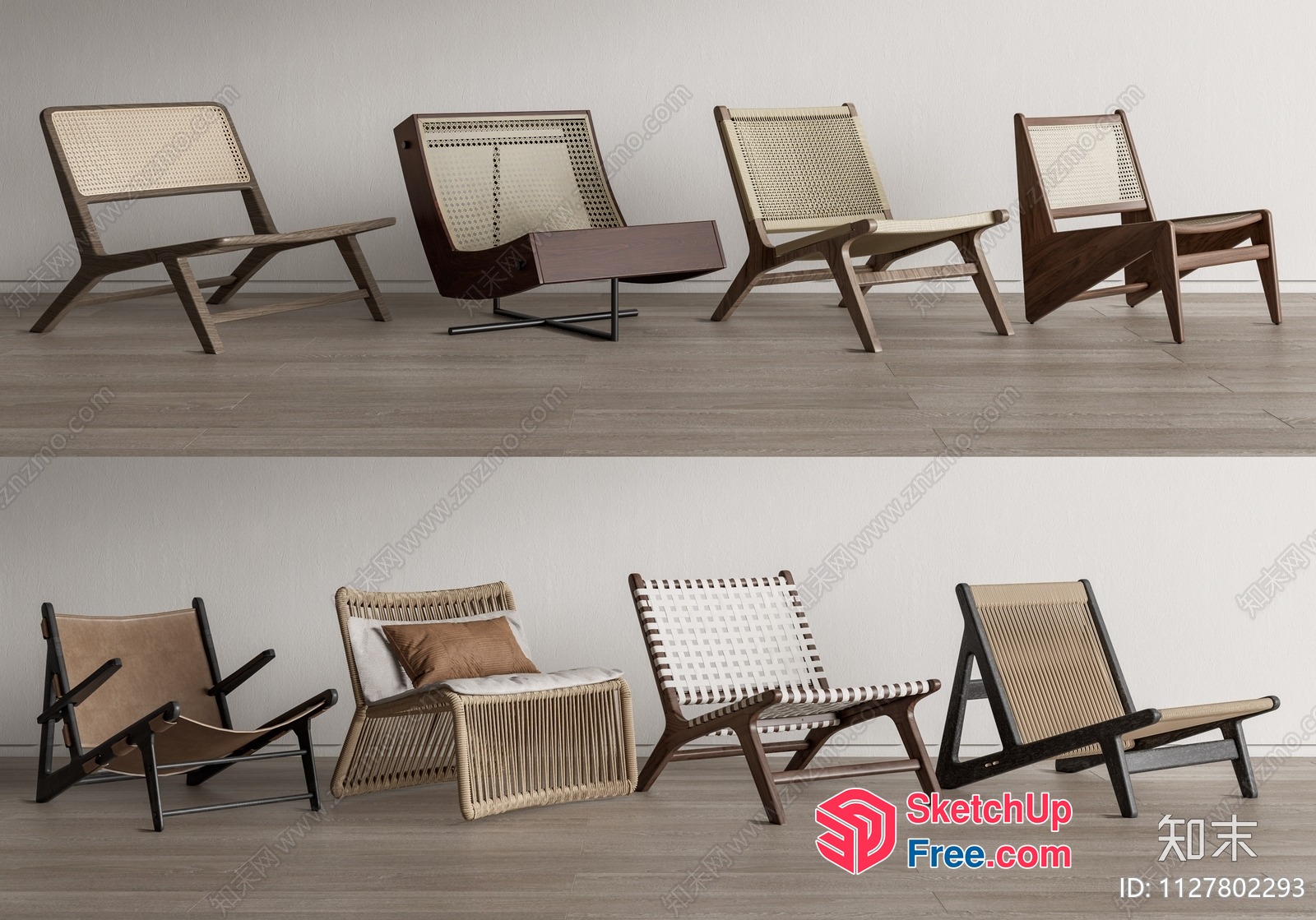 Modern Wood And Wicker Chairs Collection 3D SketchUp File