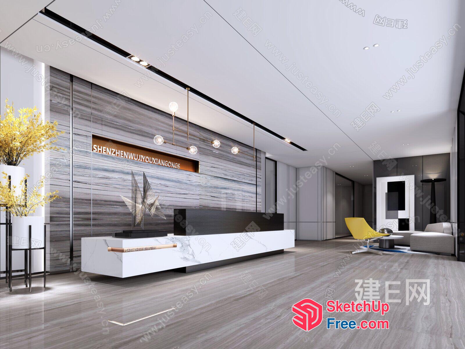 Modern Office Reception Area With Sleek Marble And Wood Accents 3D SketchUp File