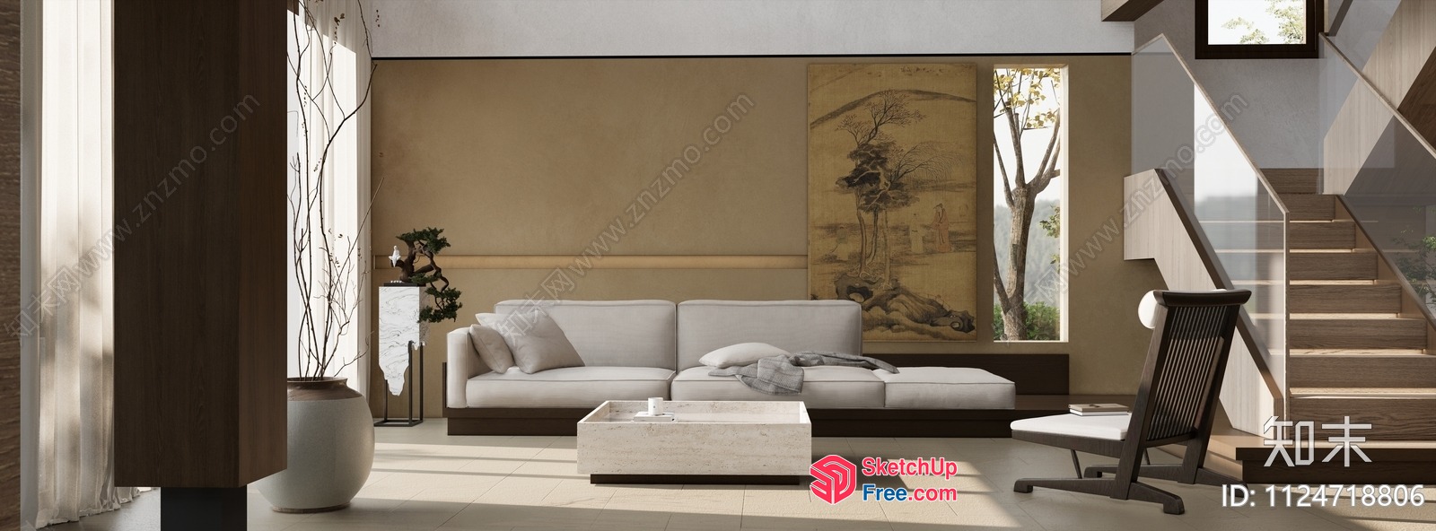 Modern Living Room With White Sofa And Stairs 3D SketchUp File