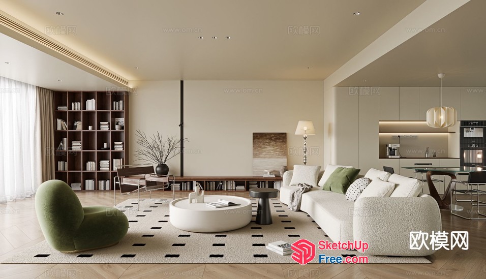 Elegant Modern Living Room With Creamy Style And Green Accents 3D SketchUp File