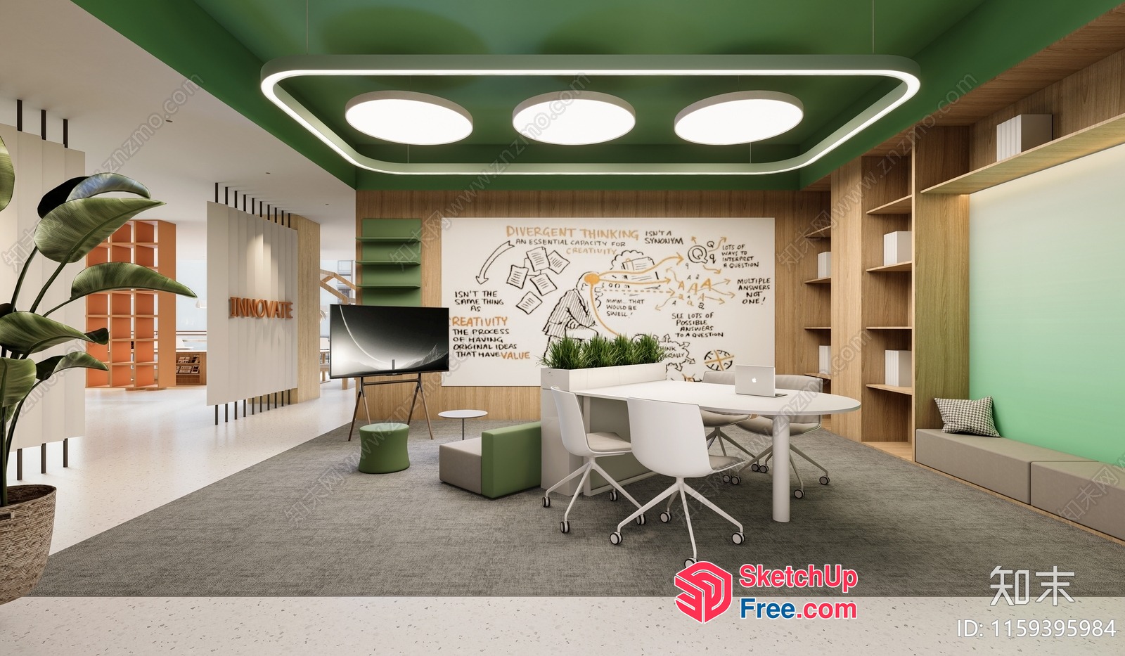 Modern Office Space With Green Accents And White Furniture 3D SketchUp File