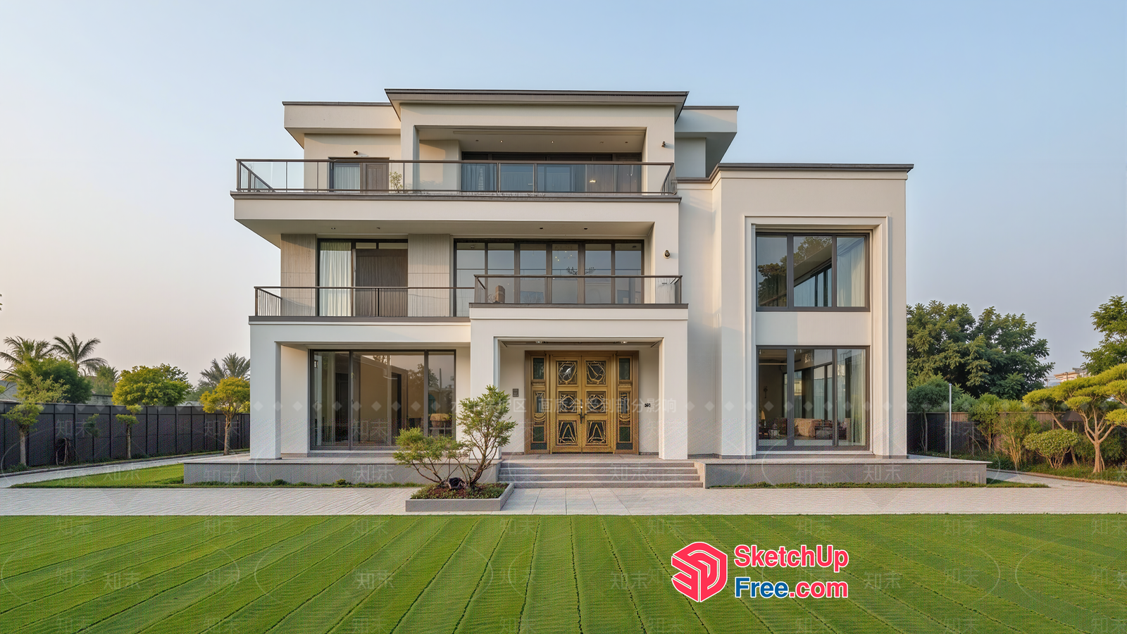 Modern Villa Exterior With Large Windows And Balconies 3D SketchUp File