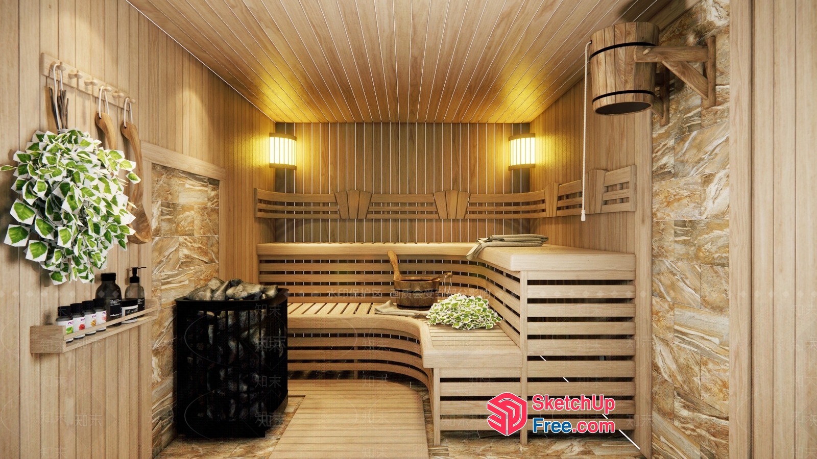 Elegant Wood Panel Sauna Interior Design 3D SketchUp File