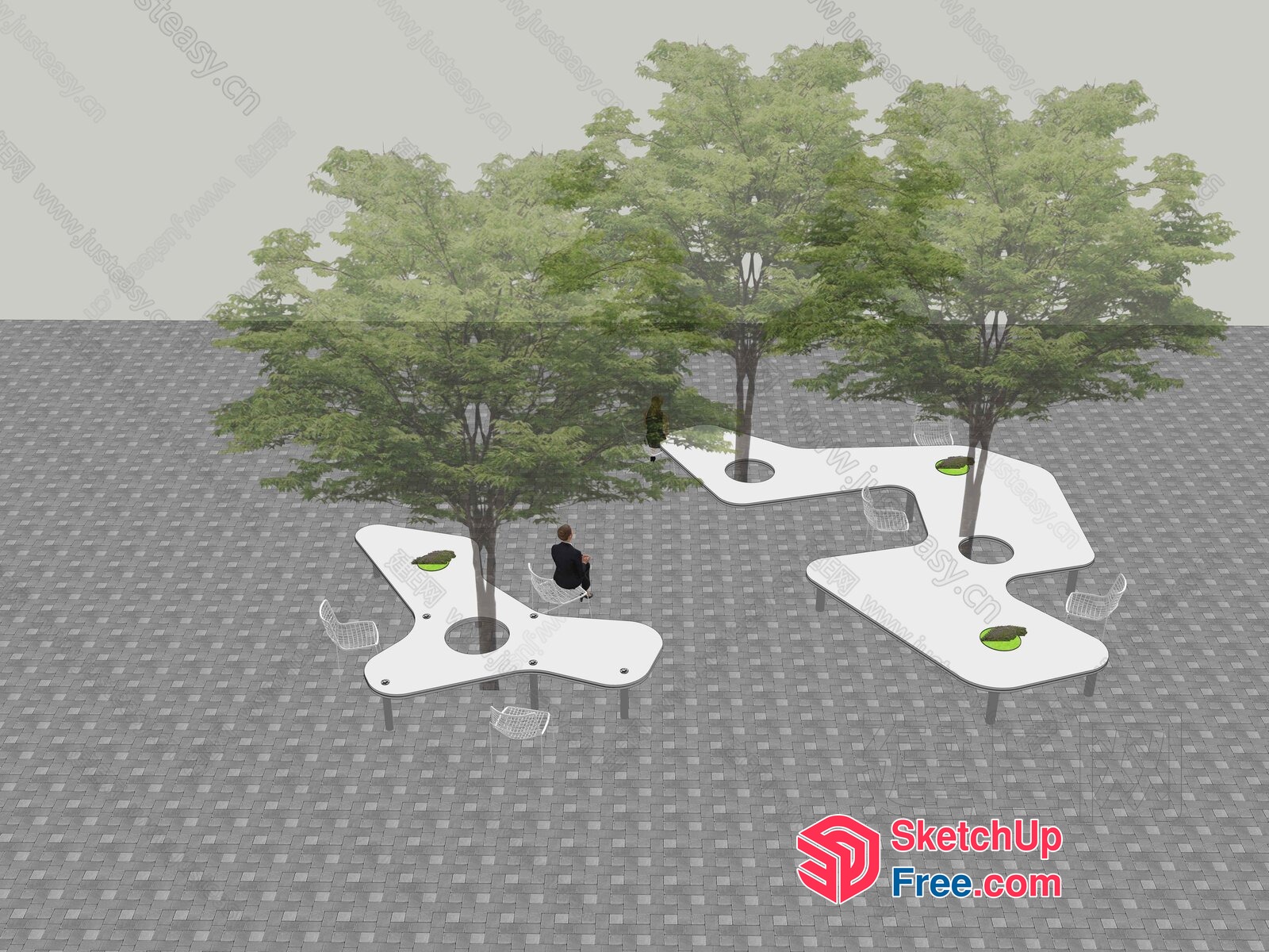 Outdoor Seating Area With Tree Planters And Benches 3D SketchUp File