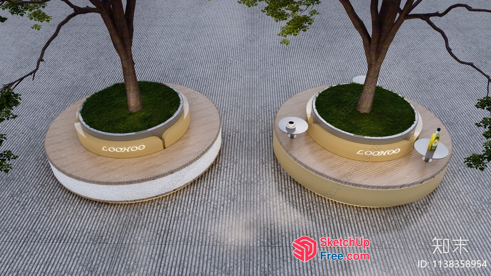 Modern Tree Planters With Grass And Wooden Platform 3D SketchUp File