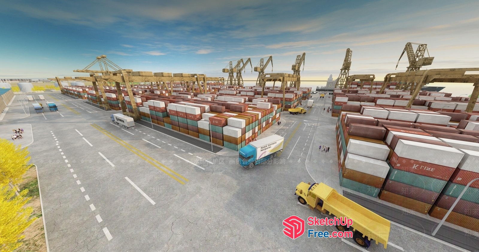 Busy Shipping Yard With Stacked Containers And Trucks 3D SketchUp File