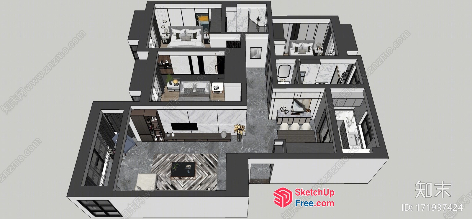 Modern 3D Interior Plan Of A Spacious Apartment 3D SketchUp File