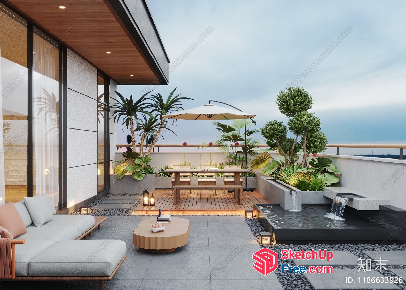 Modern Balcony With Waterfall And Plants 3D SketchUp File