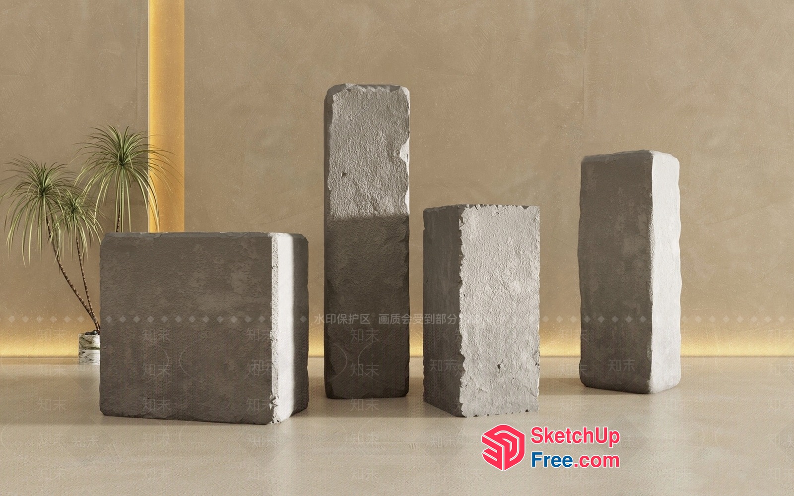 Four Stone Pillars In A Modern Interior Setting 3D SketchUp File