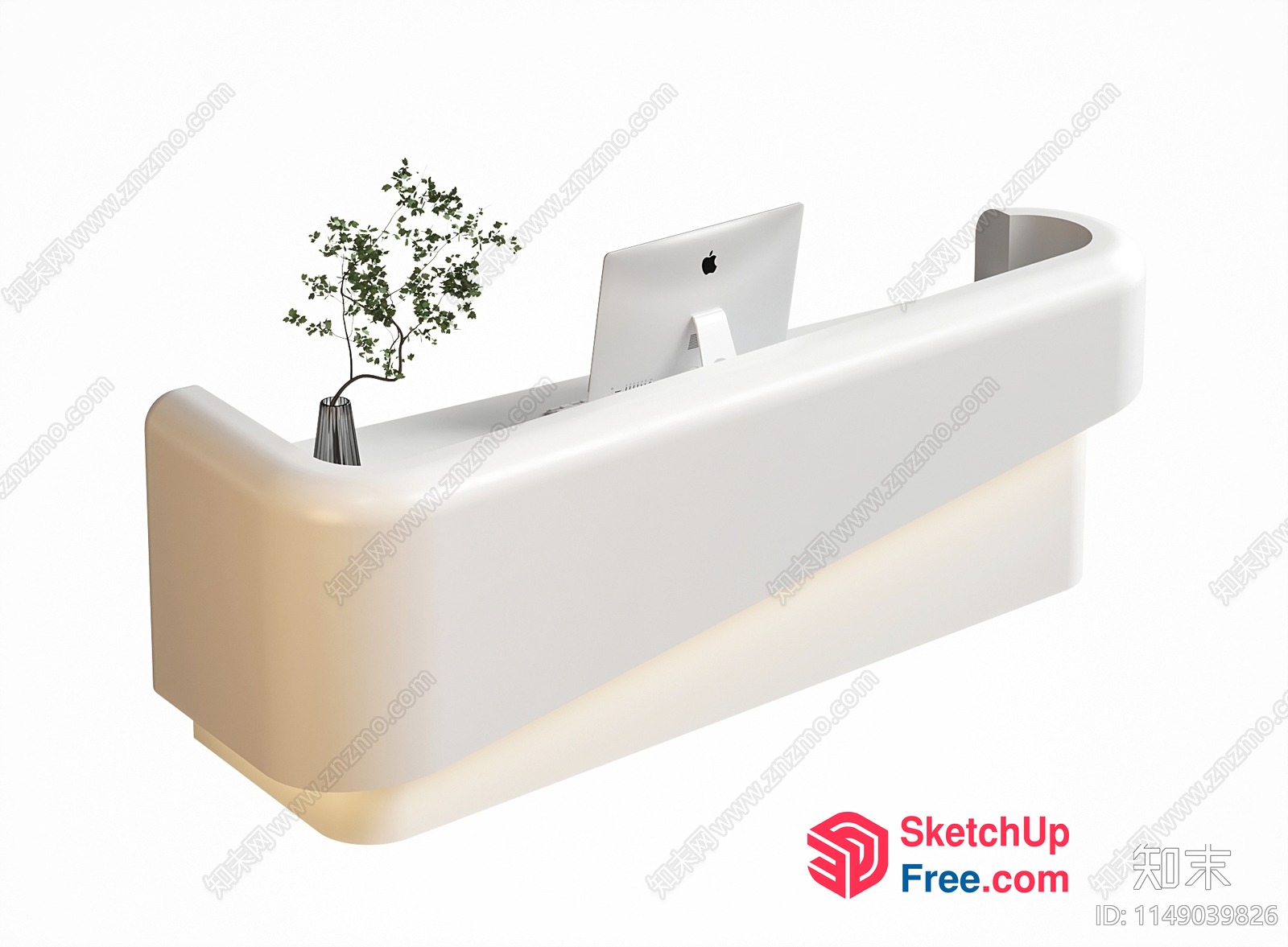 Sleek White Reception Desk With Computer And Plant 3D SketchUp File