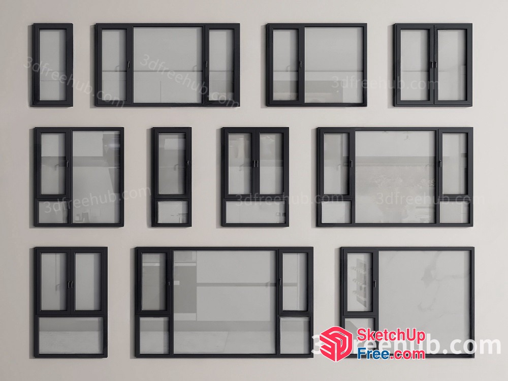 Multiple Window Frames On Wall 3D SketchUp File
