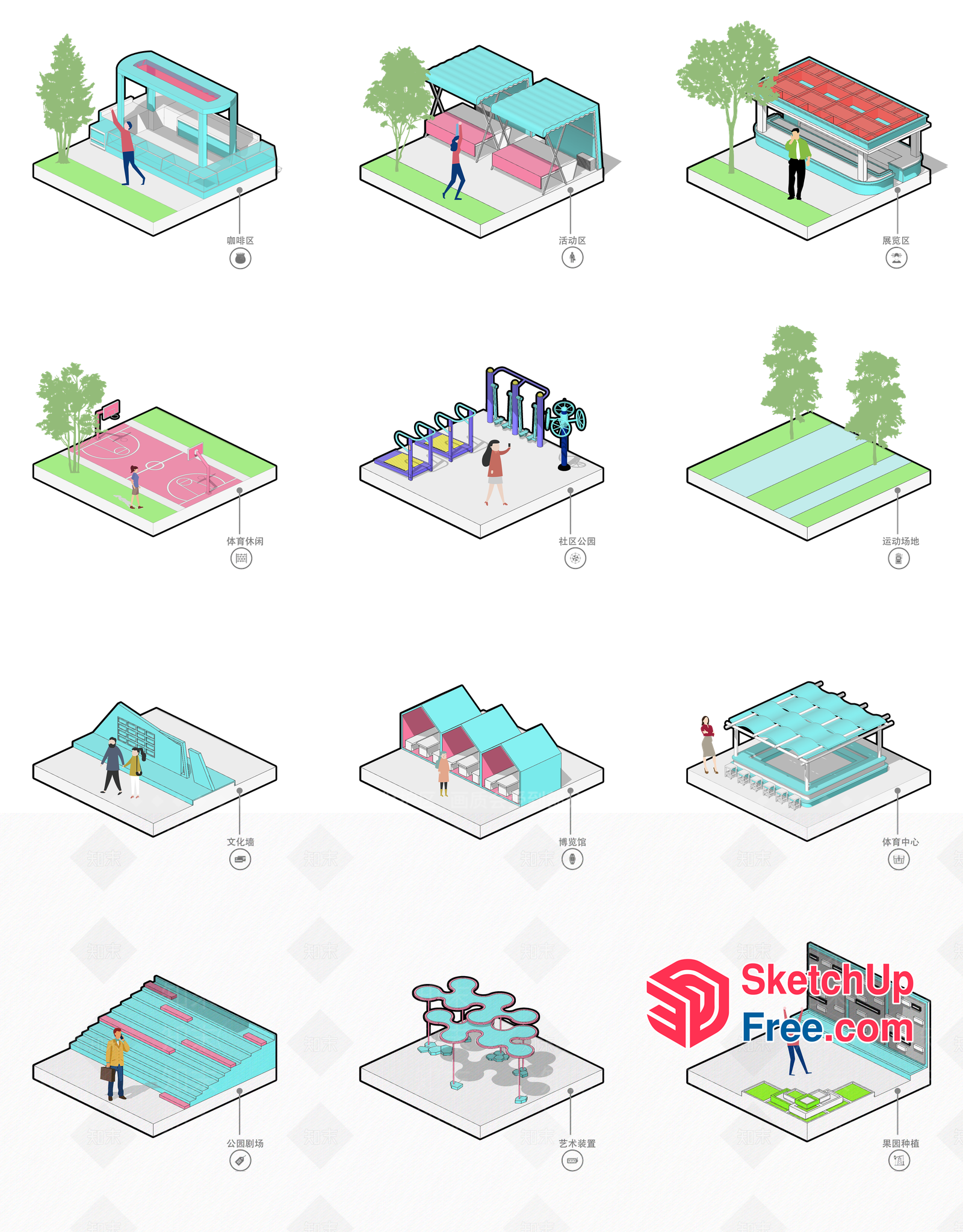 3D Isometric Illustration Of Various Buildings And Spaces 3D SketchUp File