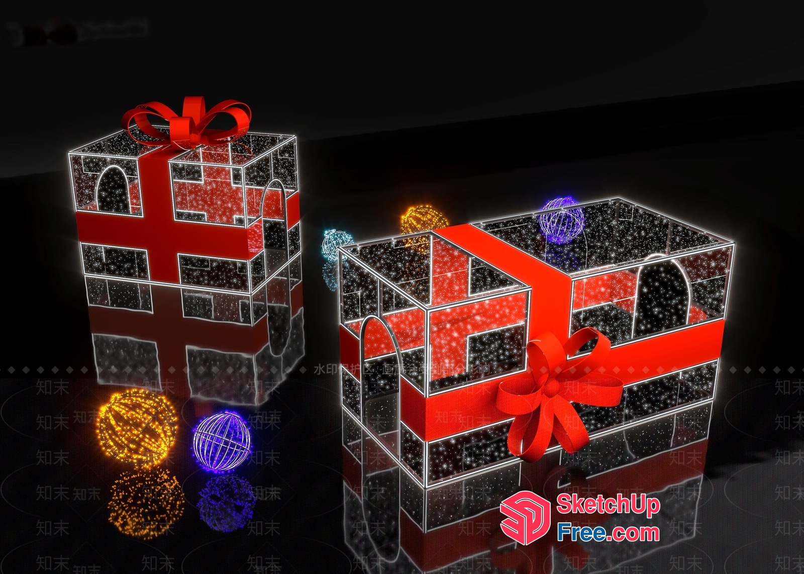 Glowing Gift Boxes With Sparkling Ornaments 3D SketchUp File