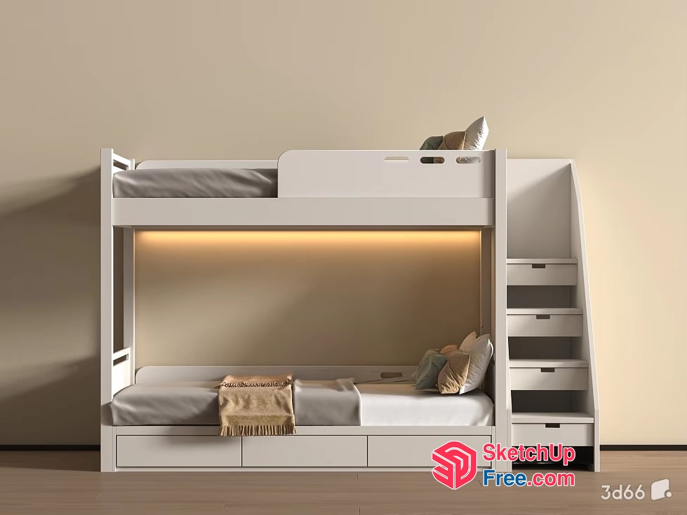Modern White Bunk Bed With Built-In Shelves And Drawers 3D SketchUp File