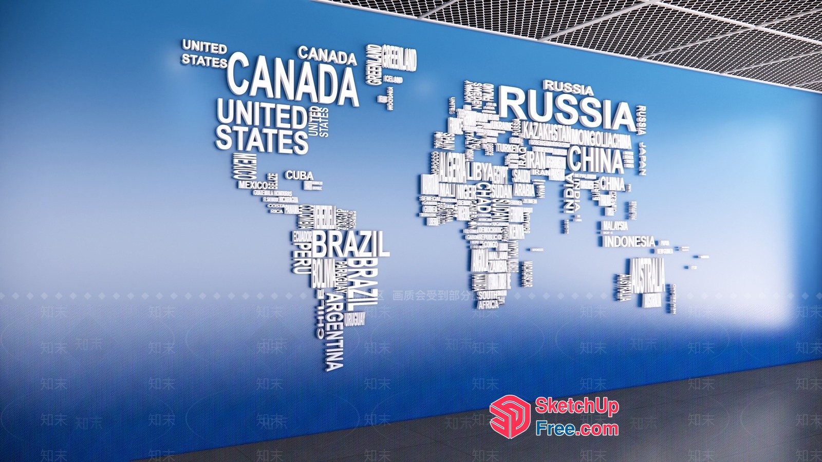 World Map Mosaic On Blue Wall 3D SketchUp File