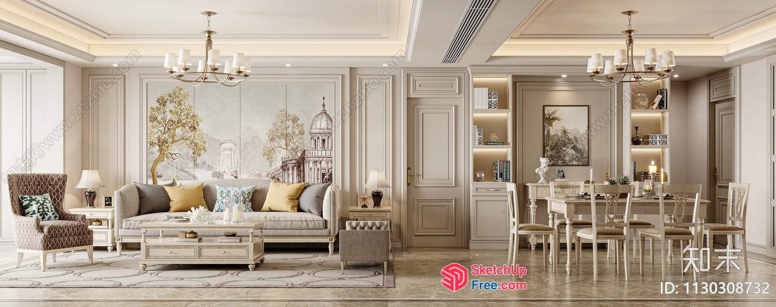 Elegant And Modern Living Room With Creamy Style 3D SketchUp File