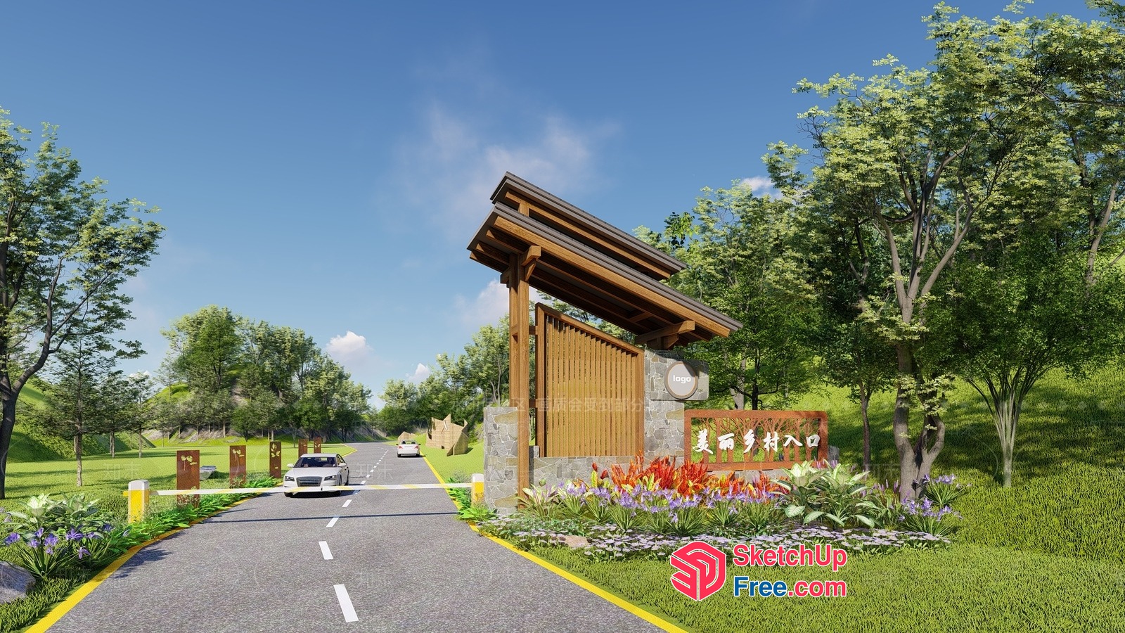 Modern Entrance Road With Elegant Gate And Beautiful Landscaping 3D SketchUp File