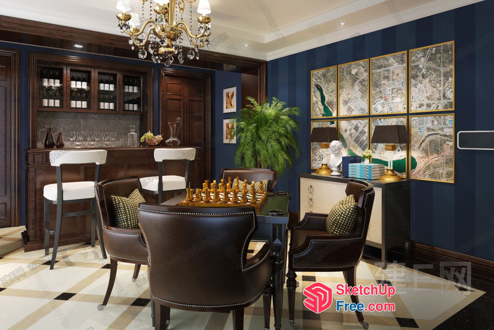 Luxurious Classic Dining Room With Bar And Chess Table 3D SketchUp File