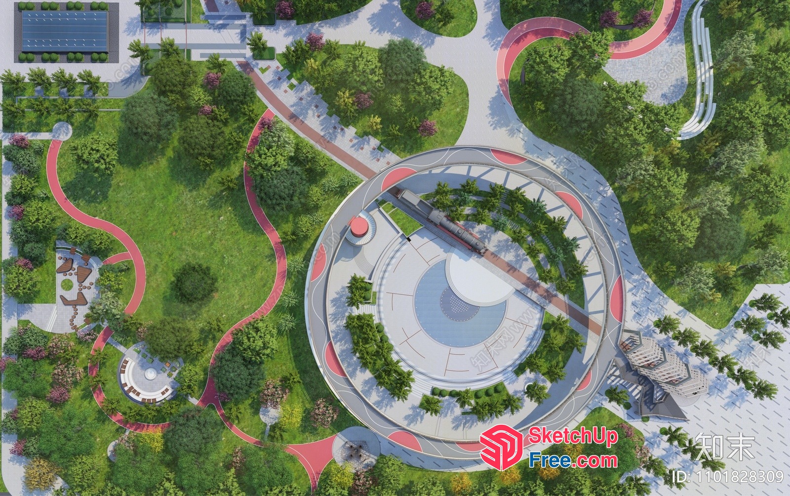 Aerial View Of A Modern Building With A Circular Design And Surrounding Park 3D SketchUp File
